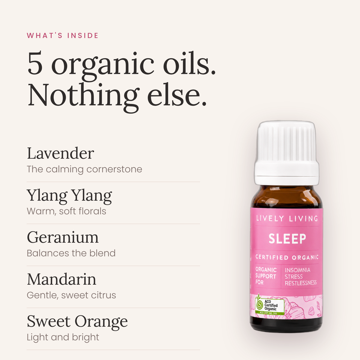 A bottle of Lively Living Sleep Certified Organic essential oil on a light beige background, next to text detailing the 5 organic oils included: Lavender, Yang Yang, Geranium, Mandarin, and Sweet Orange.