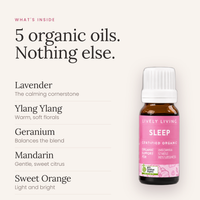 A bottle of Lively Living Sleep Certified Organic essential oil on a light beige background, next to text detailing the 5 organic oils included: Lavender, Yang Yang, Geranium, Mandarin, and Sweet Orange.