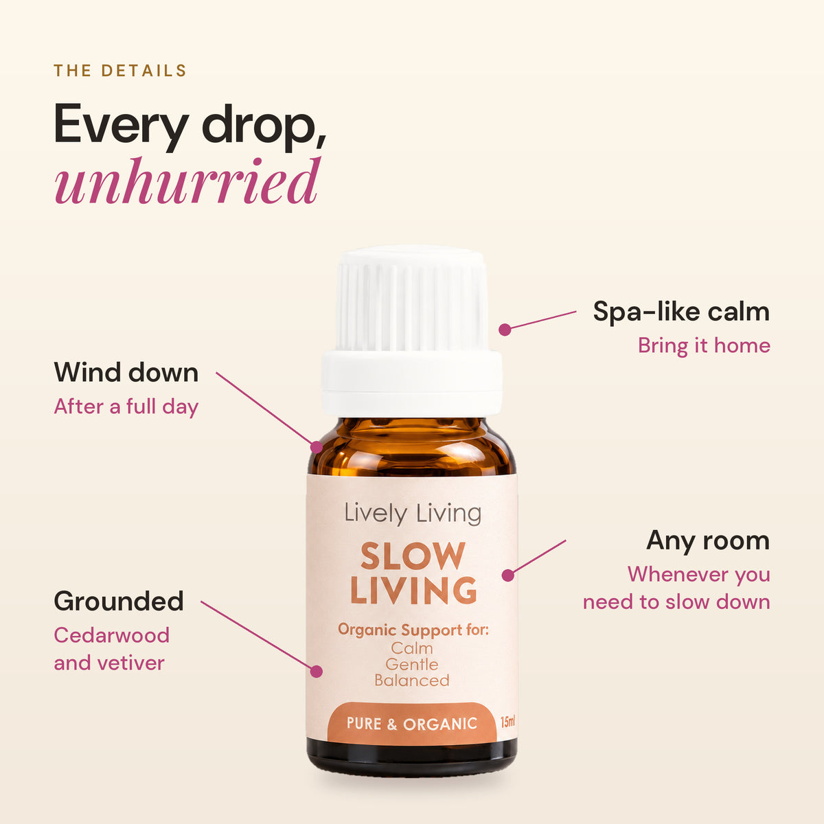 Slow Living essential oil details: wind down, grounded, spa-like calm, any room