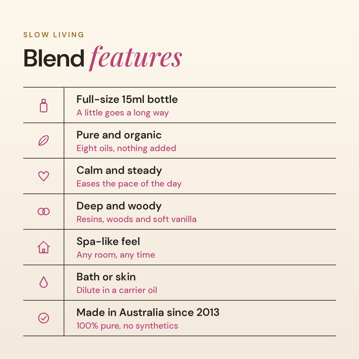 Slow Living blend features: pure and organic, calm and steady, deep and woody, spa-like feel