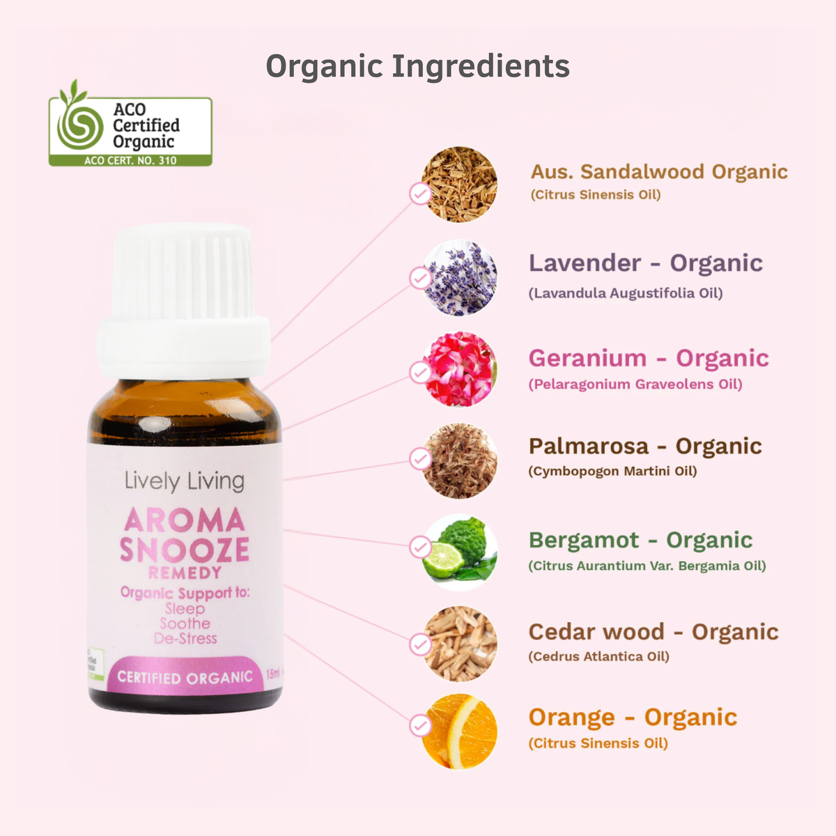 Lively Living Aroma Snooze Remedy bottle with organic ingredients listed on a white background