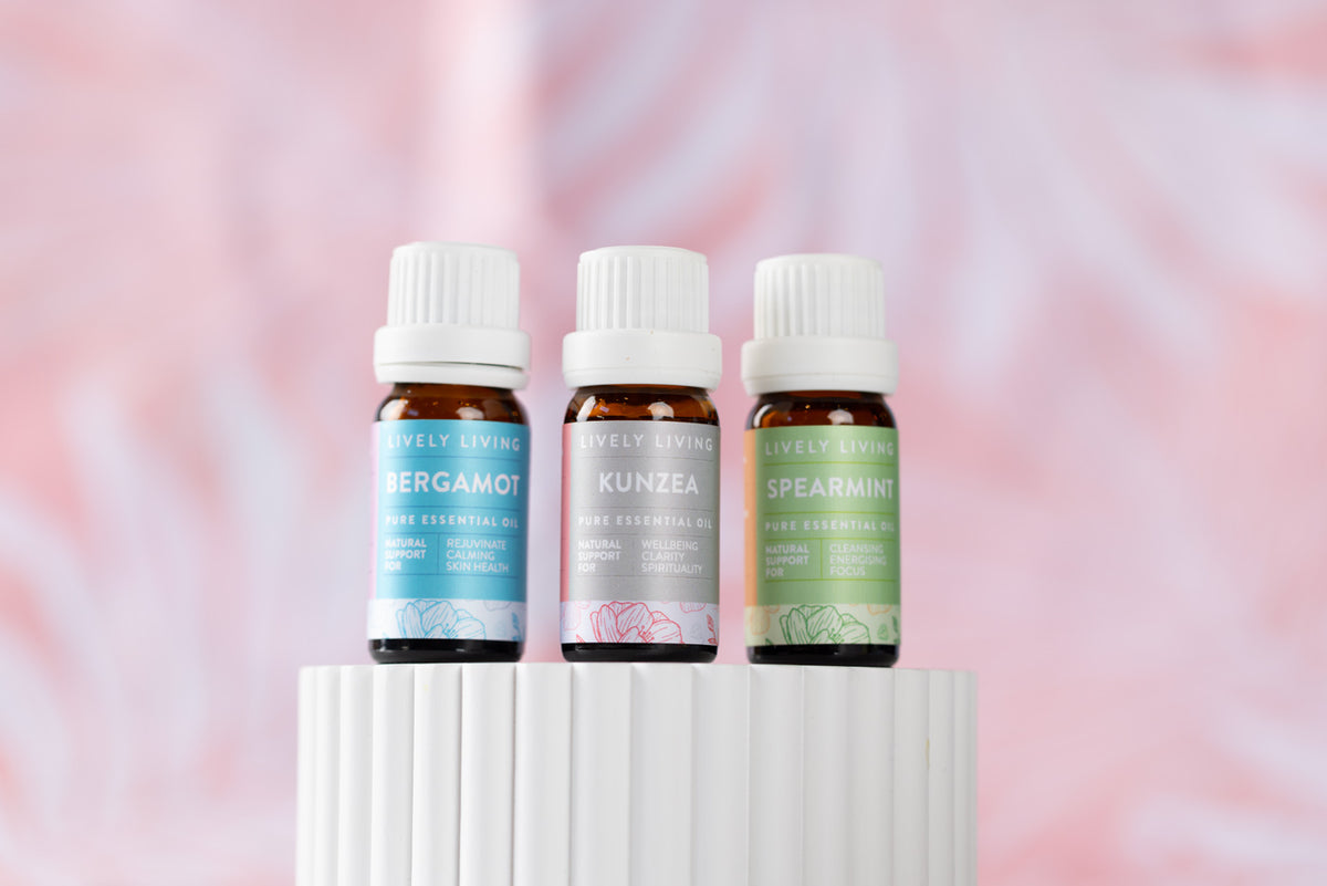Three essential oils by Lively Living, scents include Bergamot, Kunzea, and Spearmint