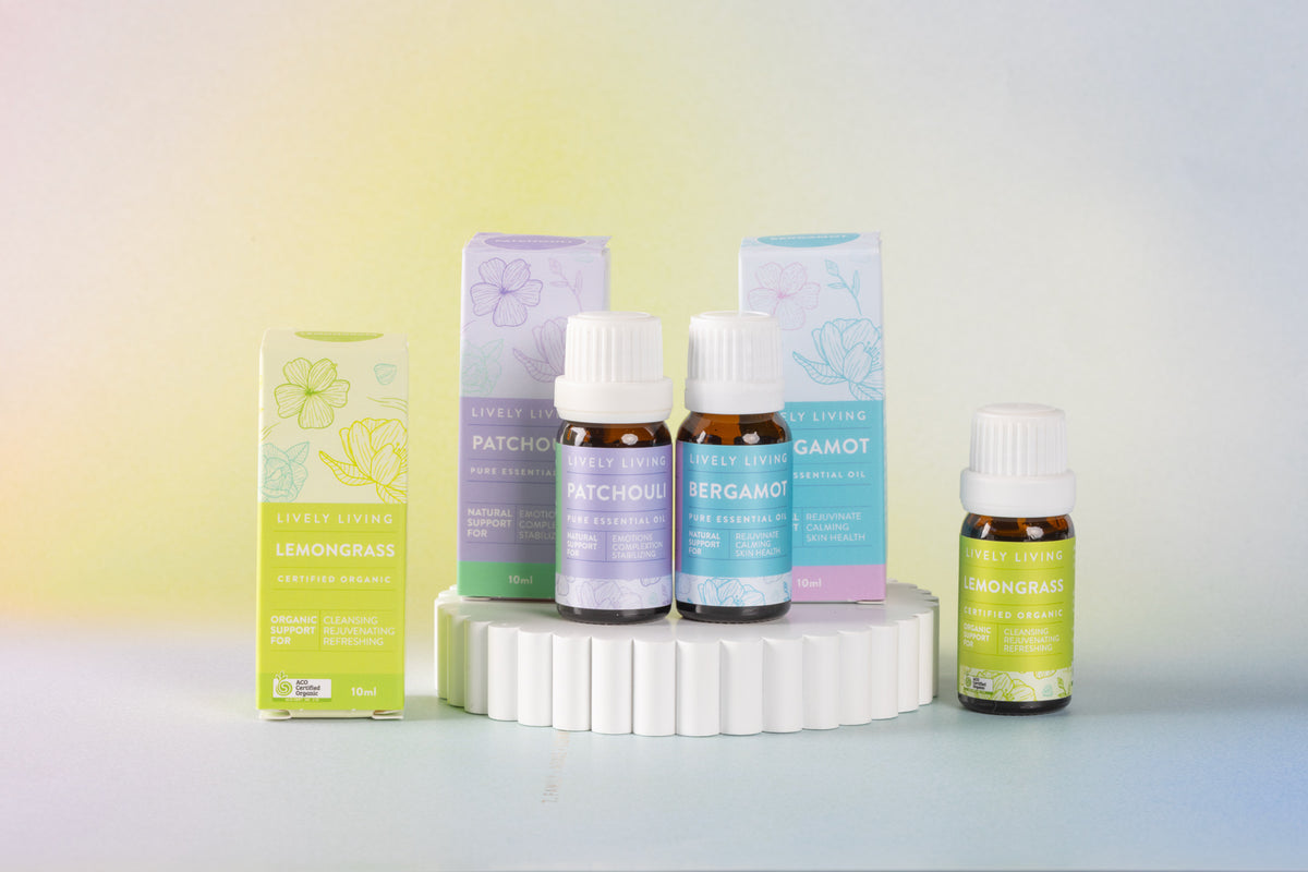 Three essential oils in the scents Patchouli, Bergamot, and Lemongrass