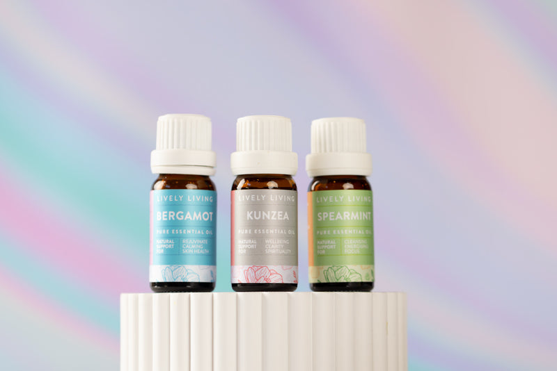 Three essential oils by Lively Living, scents include Bergamot, Kunzea, and Spearmint