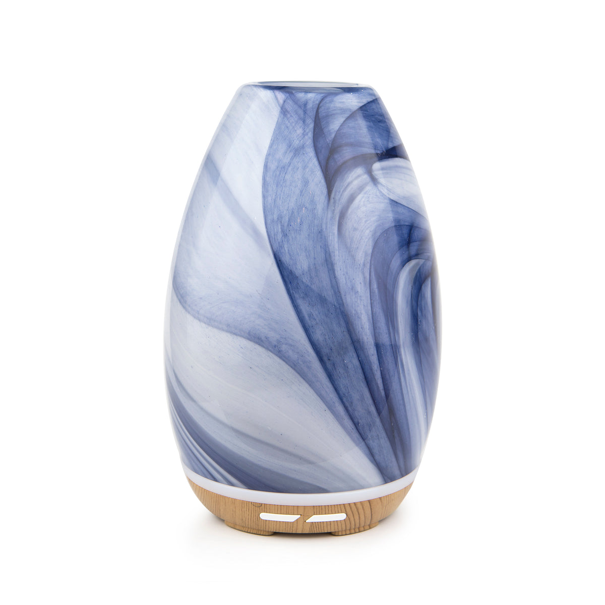 Two Aroma-Swirl Glass Diffusers, one with a blue marbled pattern and the other with a pink marbled pattern, both with wooden bases and color changing lights.