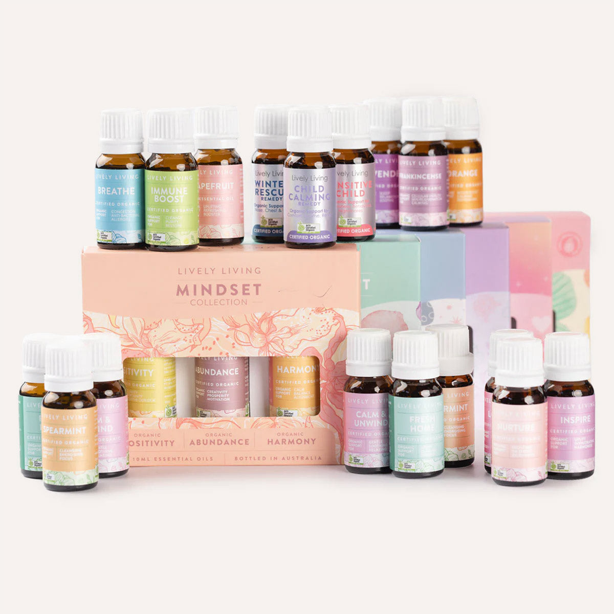 Lively Living Mindset Collection essential oil bottles on a white background