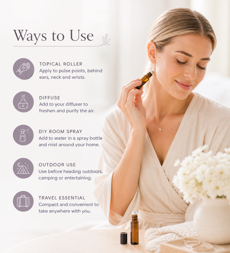 Woman holding an essential oil bottle with text on ways to use it.