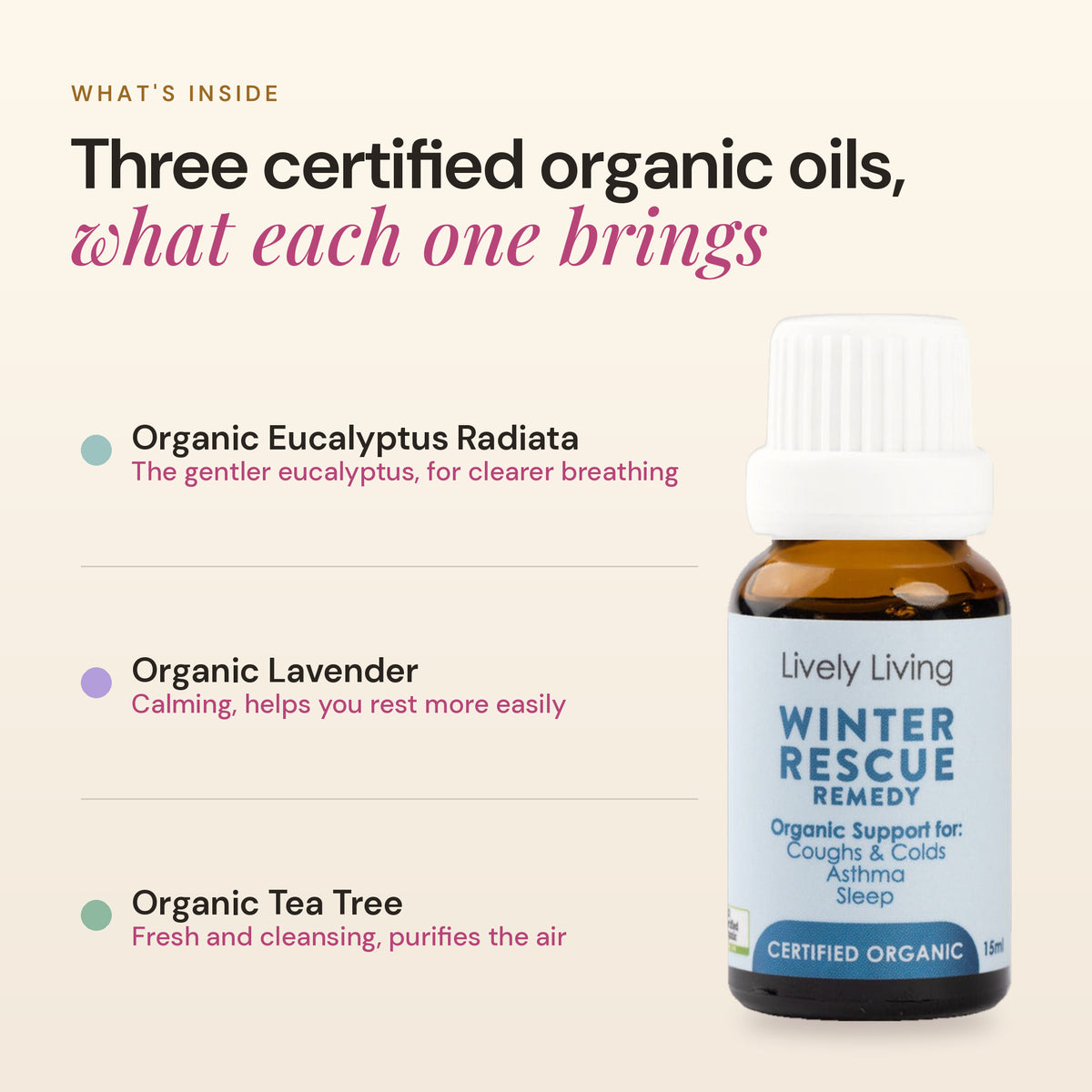 What's inside Winter Rescue: three certified organic oils, eucalyptus radiata, lavender and tea tree, and what each oil brings