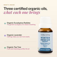 What's inside Winter Rescue: three certified organic oils, eucalyptus radiata, lavender and tea tree, and what each oil brings