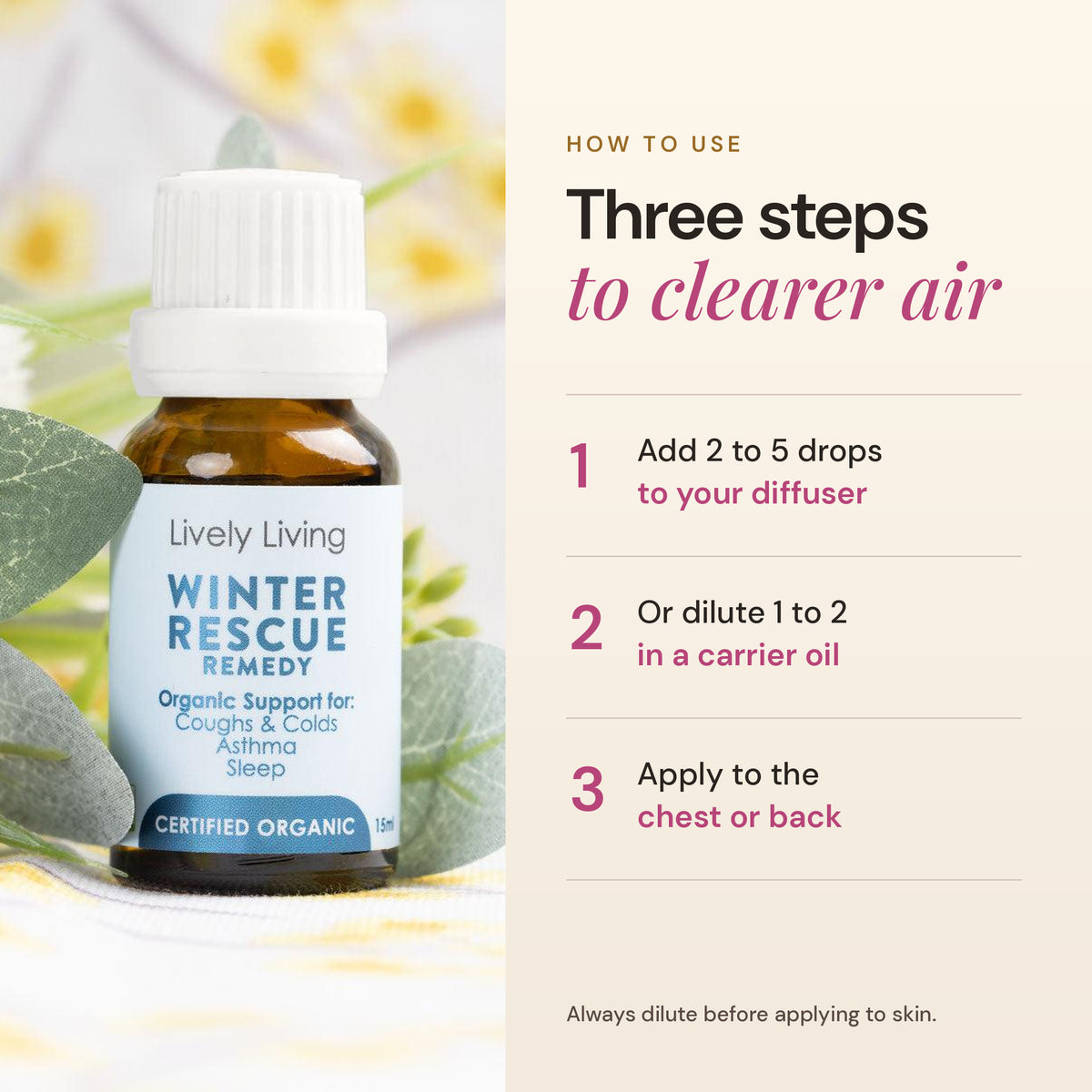 How to use Winter Rescue essential oil: 2 to 5 drops in a diffuser, or diluted on the chest or back