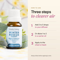 How to use Winter Rescue essential oil: 2 to 5 drops in a diffuser, or diluted on the chest or back