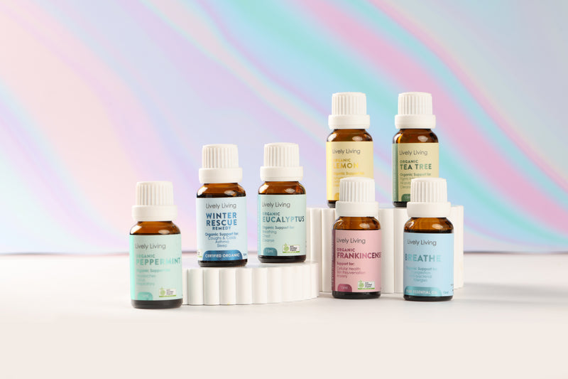 Lively Living essential oils. " Peppermint, winter rescue, eucalyptus, frankincense, breathe, lemon and tea tree"