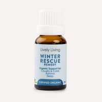 Bottle of Lively Living Winter Rescue Remedy on a white background