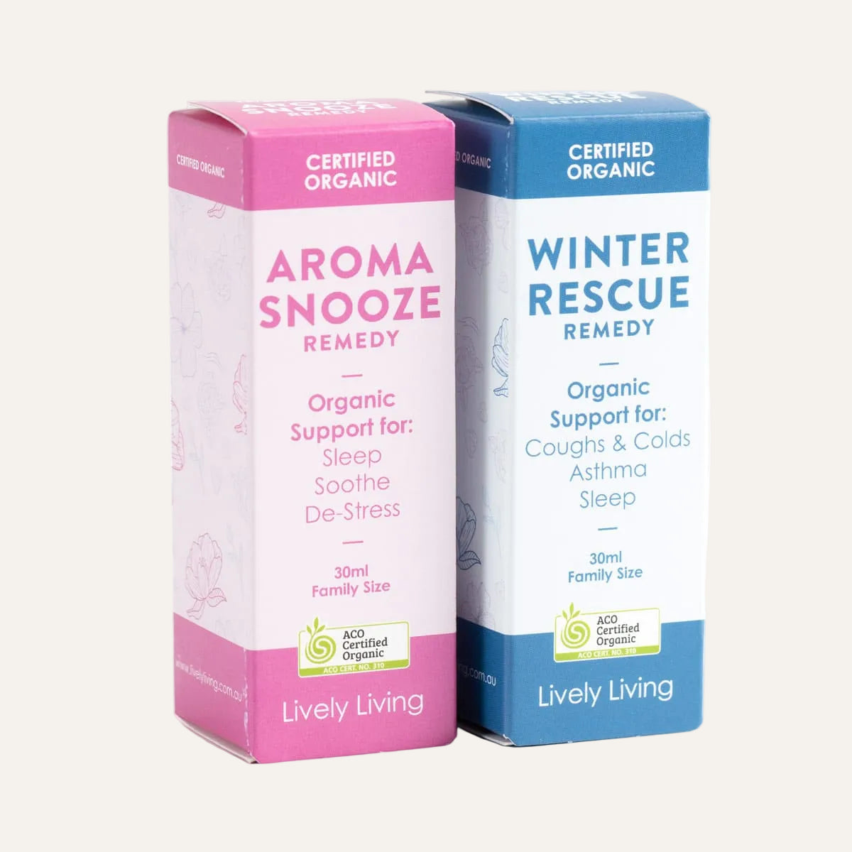 Aroma Snooze Remedy and Winter Rescue Remedy 30ml certified organic boxes on a white background