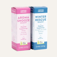 Aroma Snooze Remedy and Winter Rescue Remedy 30ml certified organic boxes on a white background