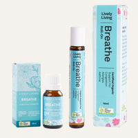 Lively Living Breathe certified organic 10ml oil and box with Breathe roll-on and box on a white background
