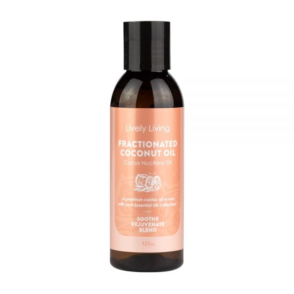Lively Living Fractionated Coconut Oil 125ml in an amber bottle with a peach label