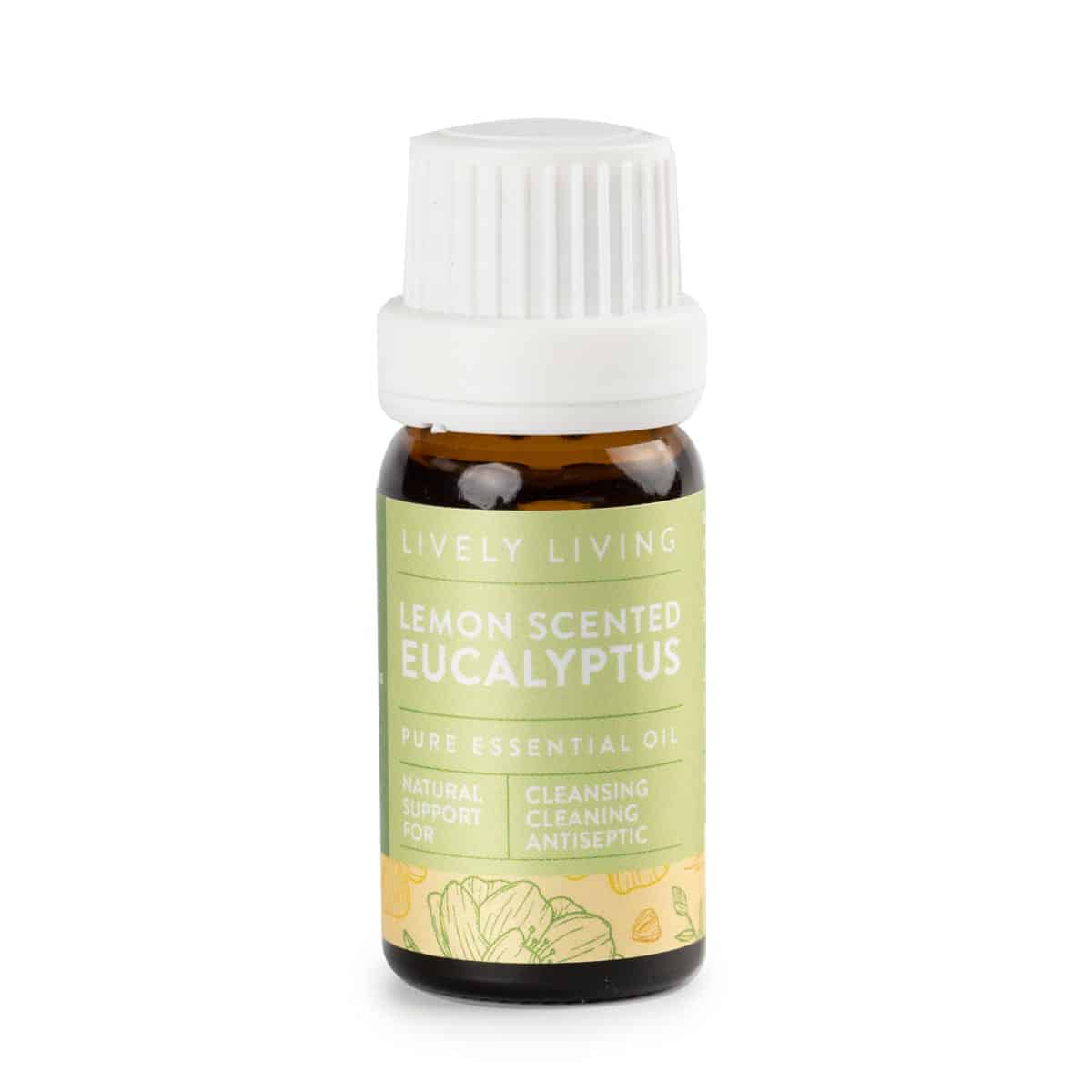 Lively Living Lemon Scented Eucalyptus pure essential oil in an amber bottle with a green label