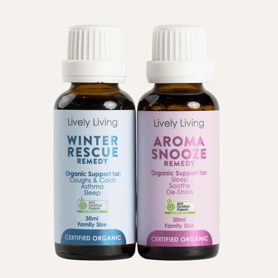 Lively Living Winter Rescue Remedy and Aroma Snooze Remedy 30ml family size certified organic oils on a white background