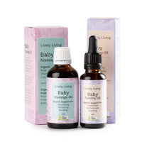 Lively Living Baby Massage Oil and Baby Tummy Oil certified organic bottles with boxes on a white background