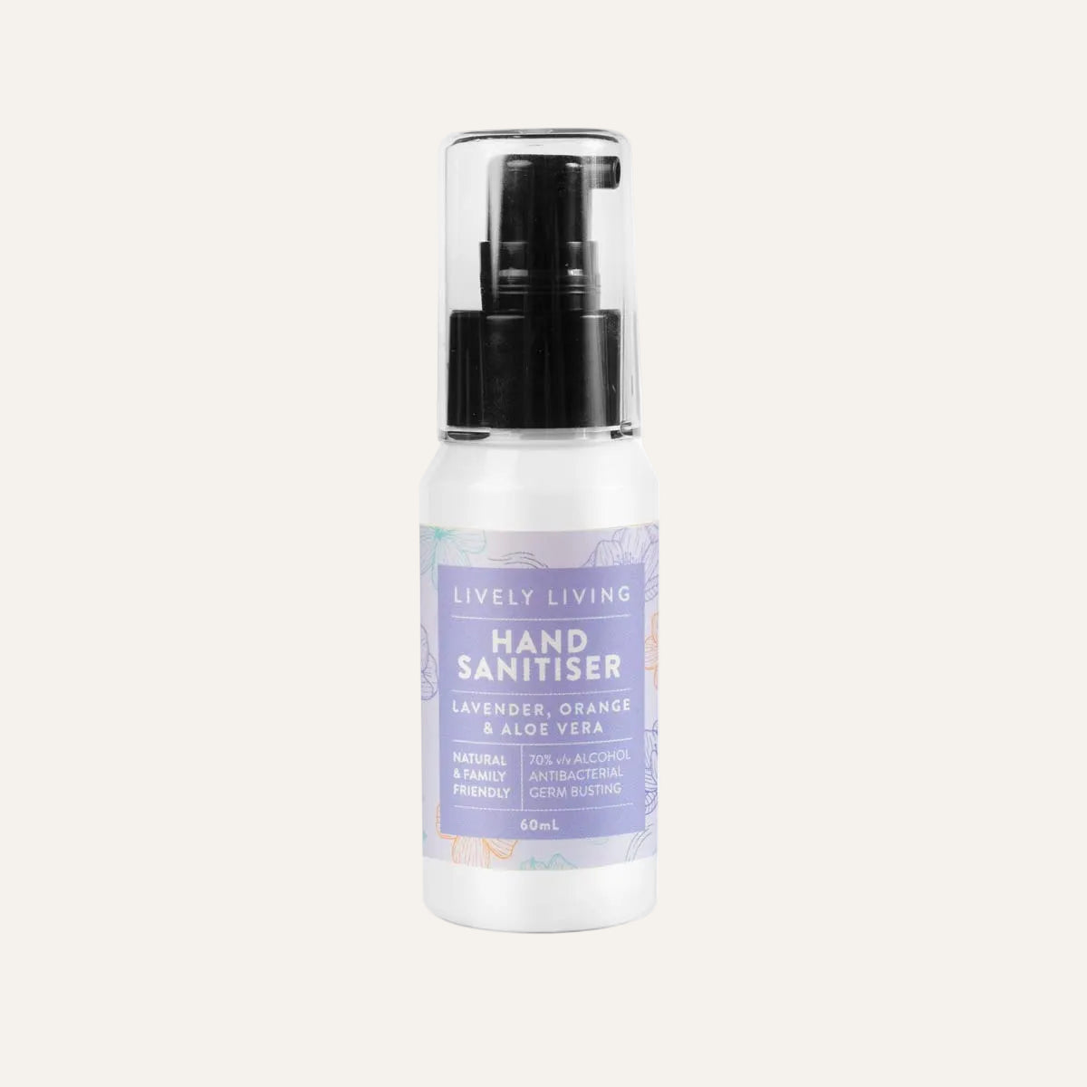Lively Living Hand Sanitiser with lavender, geranium and aloe vera in a white pump bottle