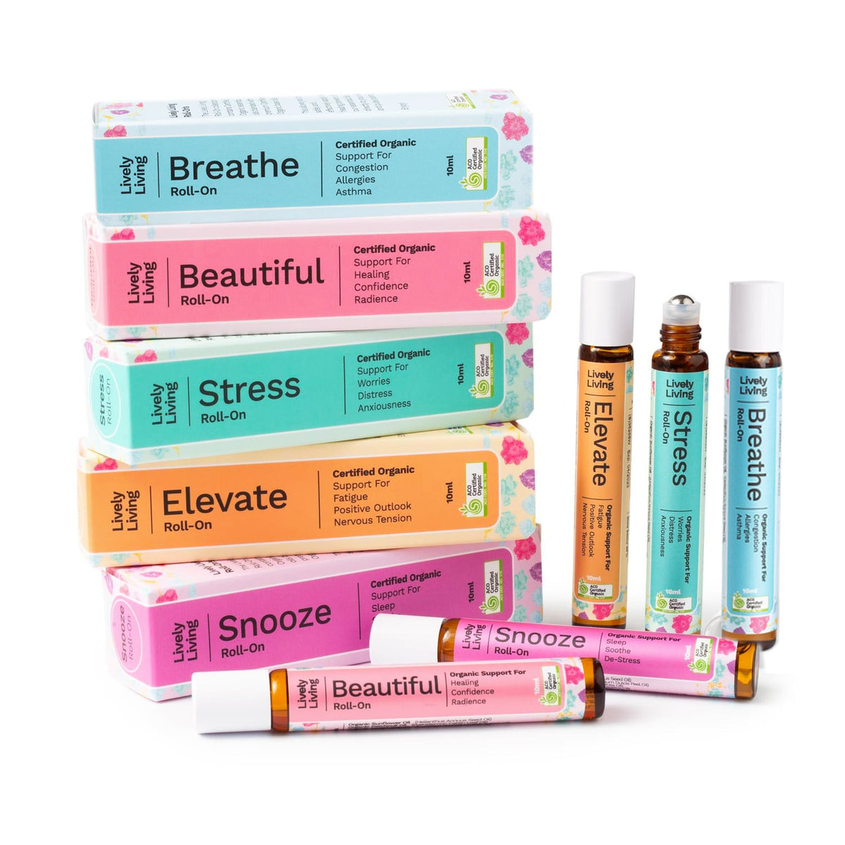 Five Lively Living roll-ons, Breathe, Beautiful, Stress, Elevate and Snooze, with their boxes